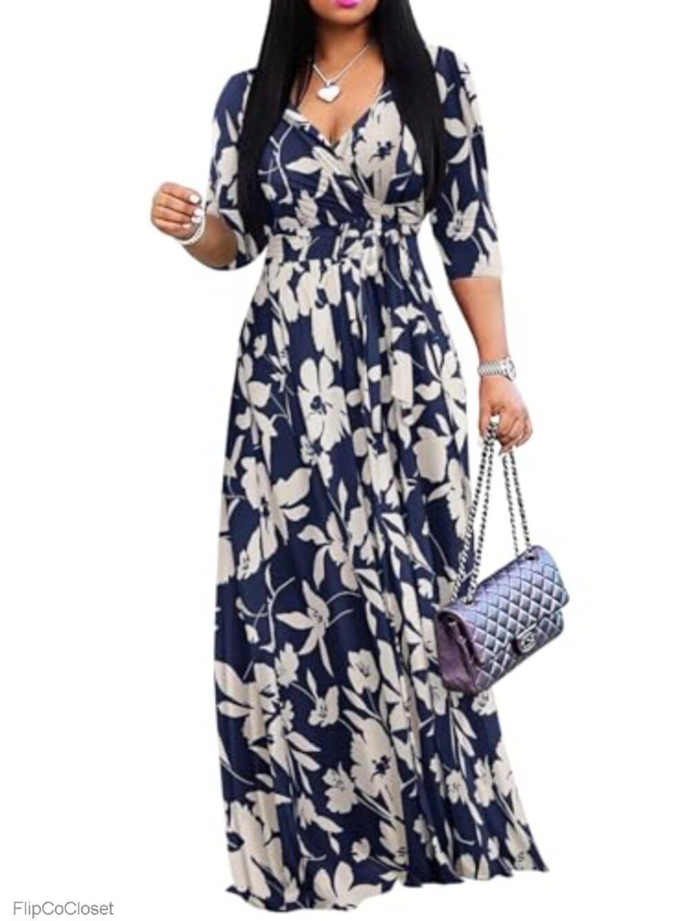 Plus Size Maxi Dress Wrap V Neck 3/4 Sleeve with Pockets Casual Summer